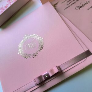 Convite acetato rosa com dourado